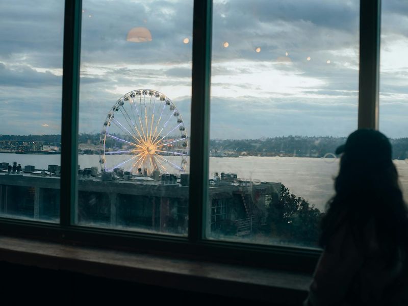 Person looking thoughtfully through a clean window towards a cityscape.